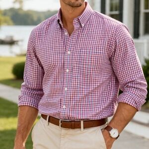 David Donahue Men’s XXL Red Blue Gingham Button Down Shirt 100% Cotton Preppy